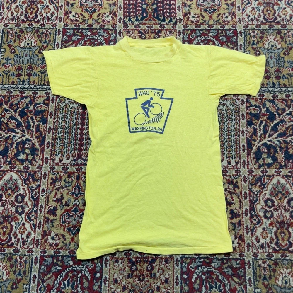 VTG Rare 1975 WAG Washington PA Bicycle T-Shirt Yellow Single 70s‎ S USA Cycling
